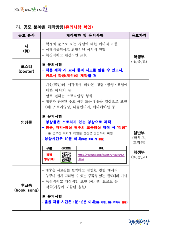 [충주미덕중학교-6333 (첨부) 충청북도교육청 감사관] 1. [홍보] 2024년 충청북도교육청 청렴 콘텐츠 공모전 추진 계획_2